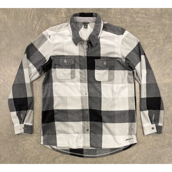 Eddie Bauer Microfleece Button Up Plaid Shirt Soft Comfy Black White Womens L - Picture 1 of 5